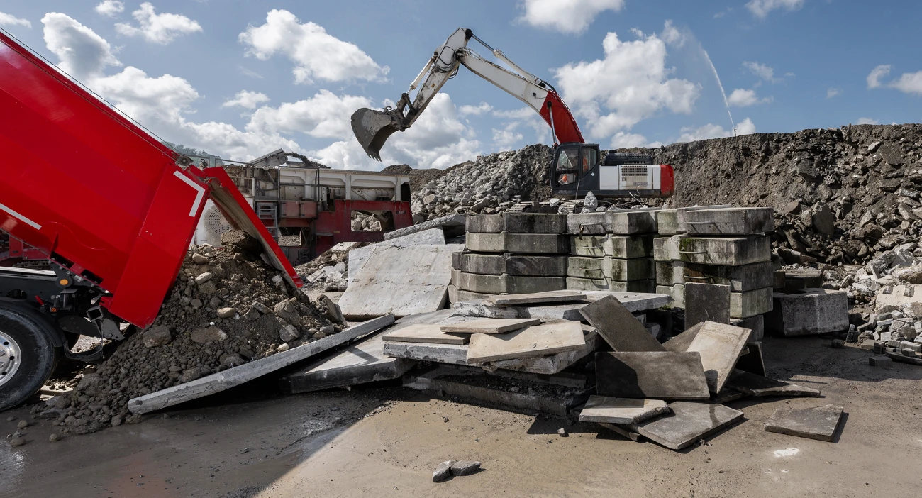 Ein Bagger auf dem Umschlagplatz in Mattstetten hebt Betonstücke auf einen Haufen, umgeben von Schutt und Bauresten. Im Vordergrund ist ein roter Lkw zu sehen, der Schutt entlädt. Im Hintergrund befinden sich grosse Haufen von zerbrochenem Beton und Recyclingmaterial.